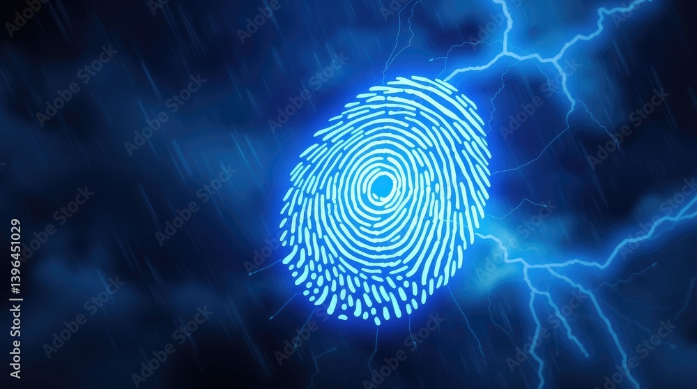 Poster a glowing fingerprint against a backdrop of storm clouds and lightning.