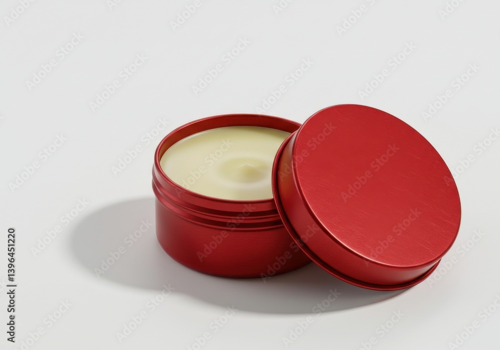 Poster red tin container with lid slightly open on a white background showing the cream inside the containe
