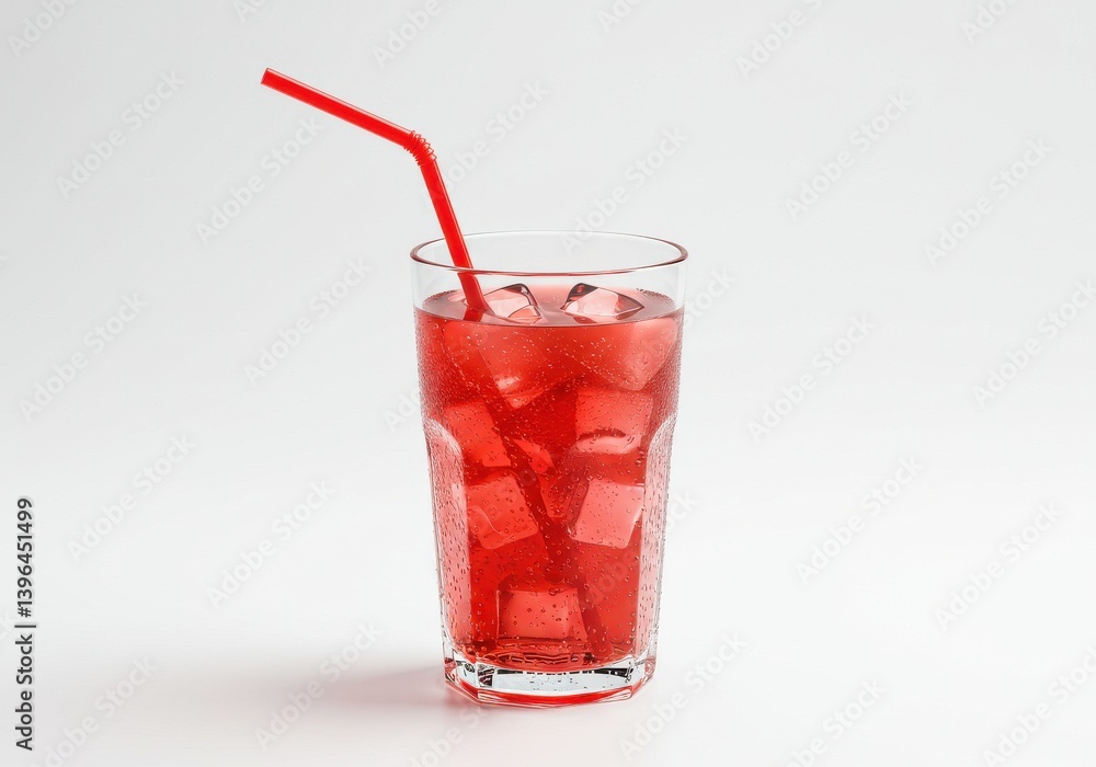 Poster a glass of red liquid with ice cubes and a red straw on a white background in a studio setting
