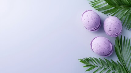 Lavender Ice Cream Scoops with Fresh Green Leaves on Background