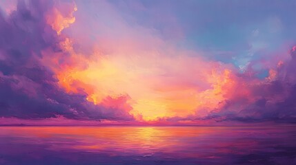 Obraz premium 30.A serene and natural pastel sunset over an open horizon, clouds glowing softly in warm tones of orange, pink, and violet, with the fading light of the sun creating a peaceful and expansive