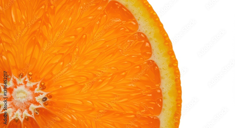 Poster Close up view of a vibrant orange slice against a stark white background showcasing its texture and color