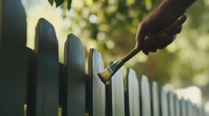 A painter applying paint to a freshly built fence. Featuring accuracy and attention to detail