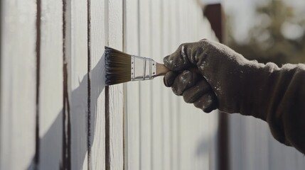 A painter applying paint to a freshly built fence. Featuring accuracy and attention to detail