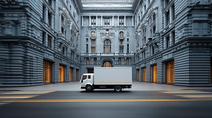 Naklejka premium Efficient Urban Package Transport Vehicle Maneuvering in Modern Logistics and Architecture