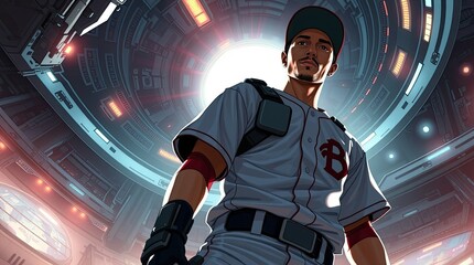 A baseball player in a stylish uniform prepares for action in a futuristic arena surrounded by bright lights and advanced technology during an exciting game