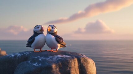 54.A pair of puffins nestled closely together on a seaside rock, their bright orange feet and colorful beaks glowing in the soft evening light, framed by the calm ocean waters behind them.