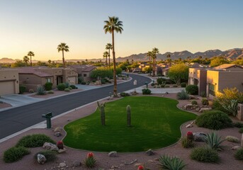 Aerial view of a suburban neighborhood with palm trees and desert landscaping at sunset or sunrise