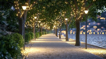 Obraz premium Lit trees line a path by water, creating a serene, illuminated scene