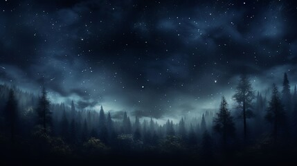 Dark Forest Night Sky with Stars &ndash; Mysterious Midnight Nature Background