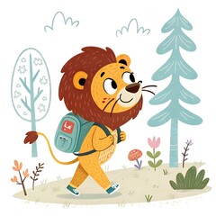 cartoon of A curious lion with a backpack exploring a forest on white background