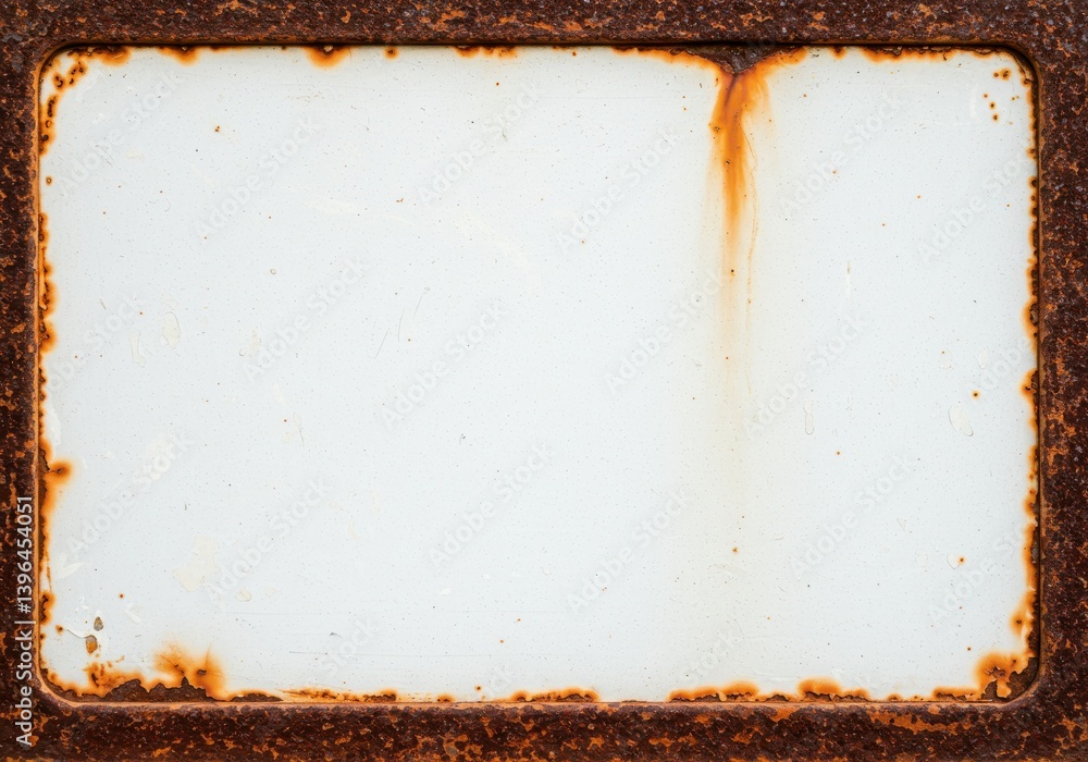 Poster a close up of a rectangular white sign with a rusty brown border and rust streaks on the right side