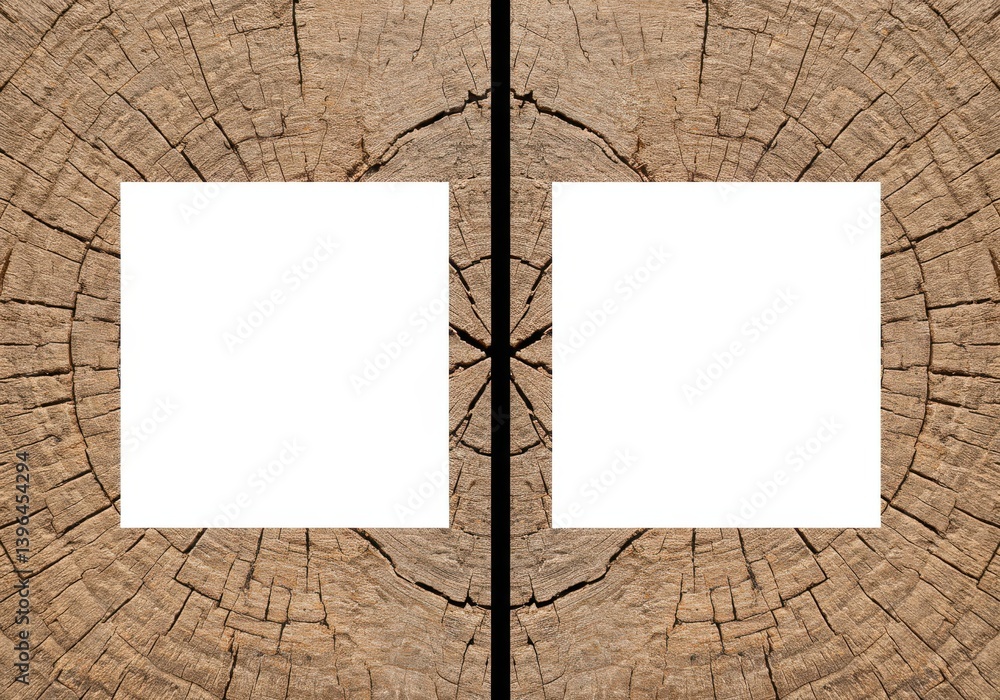 Aufkleber two white squares on a wood texture background with a dark vertical line in the middle of the image