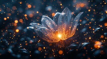Luminous flower with bright core, surrounded by bokeh on dark foliage