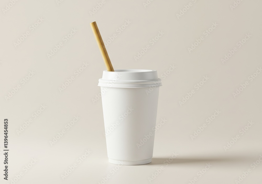 Poster a white paper cup with a lid and a straw on a neutral background in a studio setting simple composit