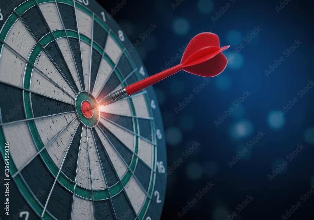 Poster red dart hitting the bullseye on a dartboard against a blurred blue background with bokeh effect