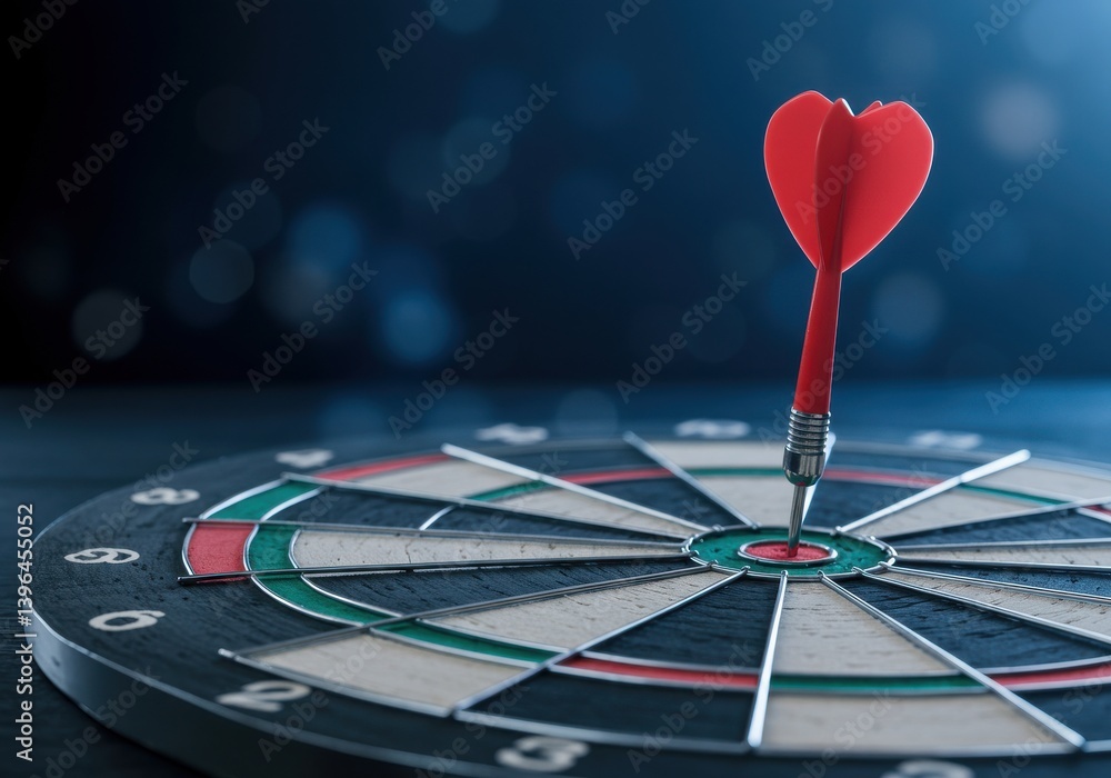 Poster a red dart hitting the bullseye on a dartboard against a blurred blue and black background setting t