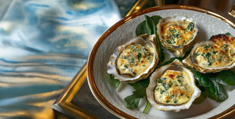 Oysters on the half shell that are topped with a combination of spinach, butter, breadcrumbs, and seasonings. Garnished with watercress They are baked or broiled - fancy restaurant image for menu.