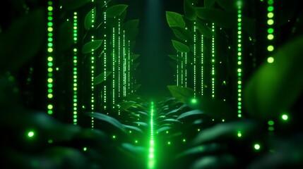 Obraz premium Navigating a dreamlike river of code in a cybernet exploring eco-friendly artificial intelligence algorithms in an ethereal environment