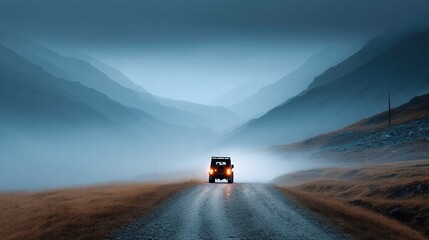 Fototapeta premium Adventurous Journey Utility Vehicle Mountain Road Nature Photography Misty Landscape Rear View Exploration