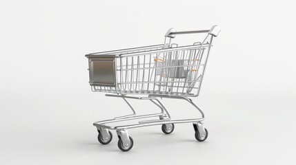 A sleek, empty silver shopping cart stands against a neutral backdrop, highlighting its metallic wireframe design