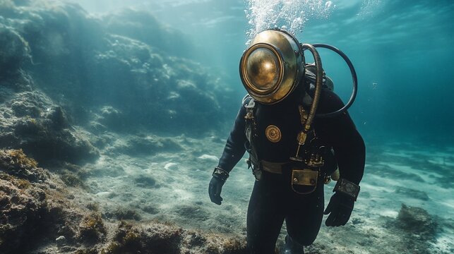Vintage Deep Sea Diver Exploring the Ocean Depths in Antique Equipment