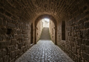 Obraz premium Stone tunnel leading to stairs with light at the end in a medieval european town setting