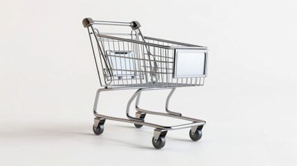 A sleek, silver shopping cart stands isolated on a clean white background, highlighting its metallic structure and functional design
