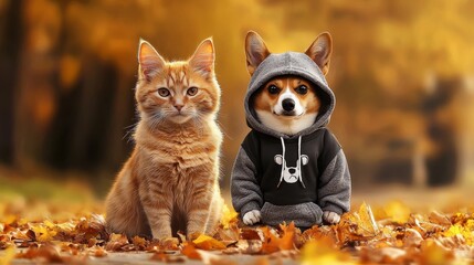 Adorable pets dressed in hoodies play in autumn leaves.