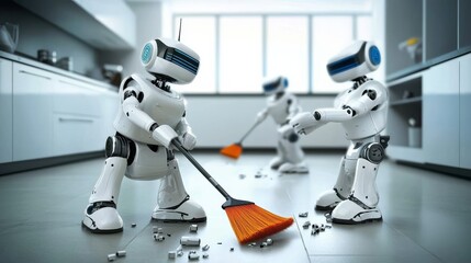 A glimpse into automated kitchen maintenance with intelligent robots using brooms.