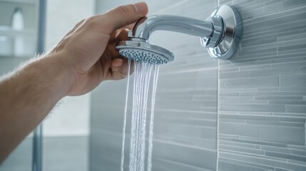 A plumber installing a showerhead in a bathroom. Featuring expertise and efficiency