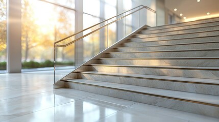 Fototapeta premium Marble staircase with glass railing, sunlight through windows, bright, modern