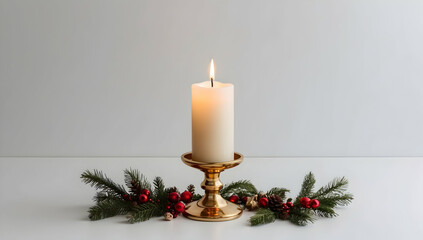 Lit candle on gold candlestick with Christmas garland
