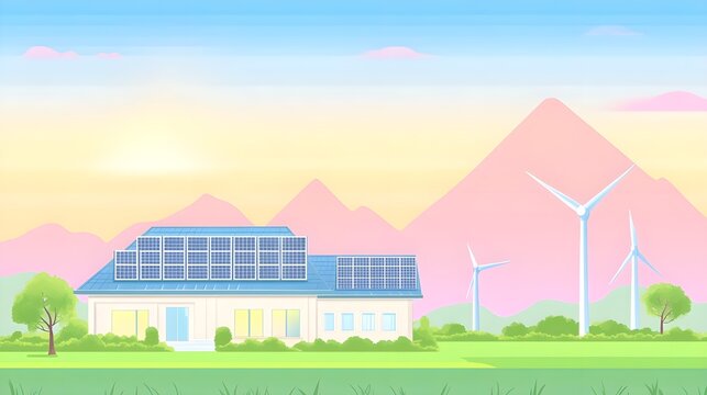 Flat Illustration of Solar Panels and Wind Turbines in Landscape