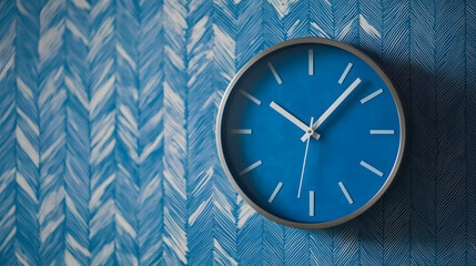 Blue Timepiece: A modern blue clock adorns a textured wall. The hands on the timepiece mark the passage of time, creating an atmosphere of style, functionality, and subtle elegance.