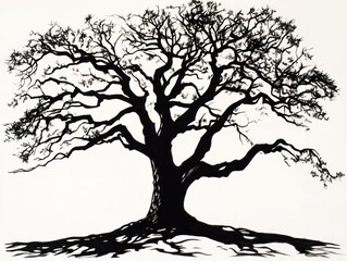 Majestic Oak Tree Silhouette,  Nature Illustration, White Background, Art Print