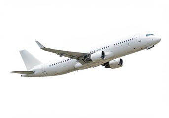 Obraz premium A white passenger airplane is flying against a plain white background in a diagonal direction