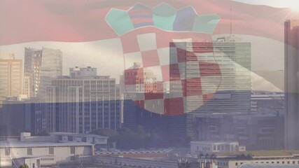 Croatian flag and coat of arms animation over cityscape with modern buildings - Powered by Adobe