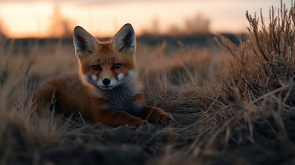 Obraz premium Red Fox Kit in Field at Sunset