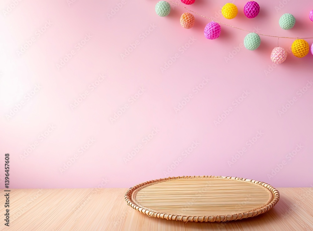 Poster display platform with pink wall and decorative string lights