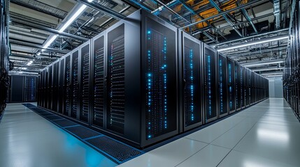A vast server farm, showcasing rows of powerful computer servers.