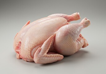 A raw whole chicken displayed against a plain background ready for cooking or food preparation use