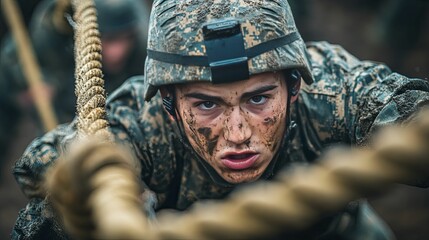 Obraz premium Focused military trainee grips a rope during a challenging exercise.