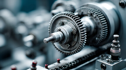 A close-up of intricate metal gears, showcasing the complexity and precision of industrial machinery, with a focus on mechanical engineering and design
