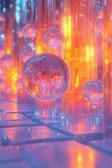 Fototapeta premium Floating Crystal Balls and Glowing Columns Abstract Sci-fi Background