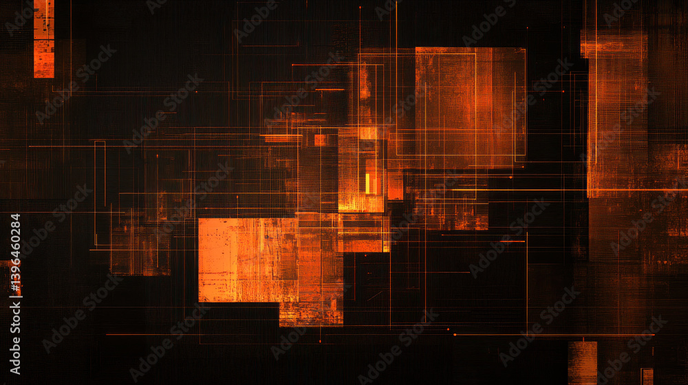 Aufkleber the image is a black and orange background with a grid of squares and rectangles. the squares and re