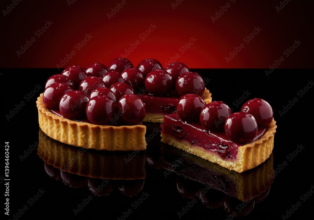 Poster a glossy cherry tart with a slice cut out on a black reflective surface and red gradient background
