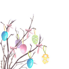 Easter eggs on branches watercolor illustration isolated on white. Colored eggs on bright ribbons with bows, hand-painted in pastel colors for Easter cards, packaging and festive decor