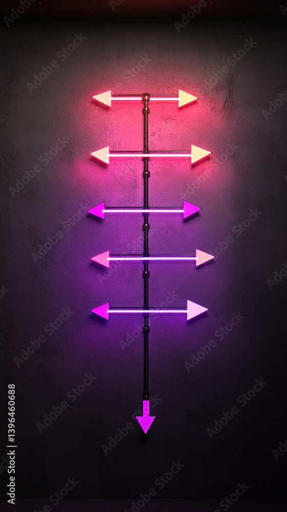 Poster a neon sign with a purple arrow pointing down and a pink arrow pointing up. the sign is lit up and h
