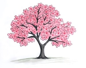 Fototapeta premium Pink cherry blossom tree illustration, spring, nature, white background, greeting card